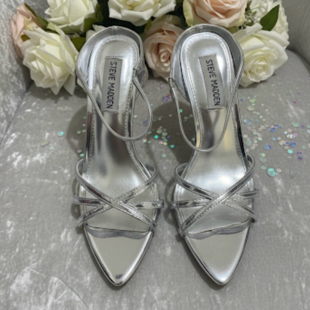Steve Madden Lexani Silver Metallic Stiletto Sandals | Size 6.5